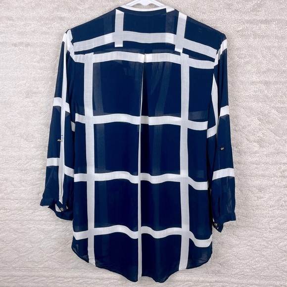 CYNTHIA ROWLEY Nautical Sheer Blouse Popover Navy Blue Window Pane Print Medium - Picture 12 of 16
